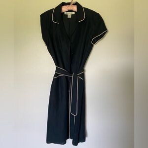 Elegant Silk/Linen Black Dress with White Trim